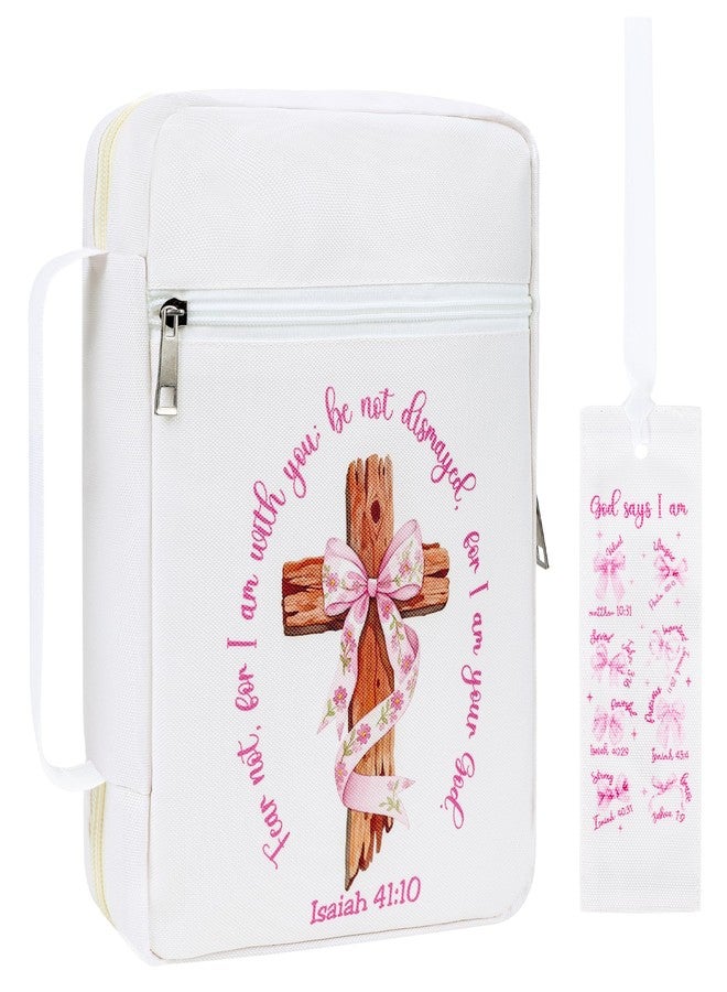 INCOK Bible Cover Case for Women - God Says I Am Bible Study Supplies Pink Bow Cross Church Carrying Case Bag with Handle Bookmarks Christian Christmas Gift for Prayer Teacher Students - Image 1