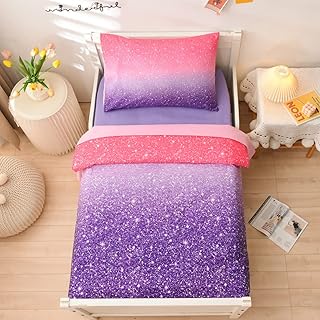 NTBED 4 Pieces Toddler Bedding Set for Baby Girls, Pink Purple Glitter Printed, Includes Comforter, Flat Sheet, Fitted - Image 1