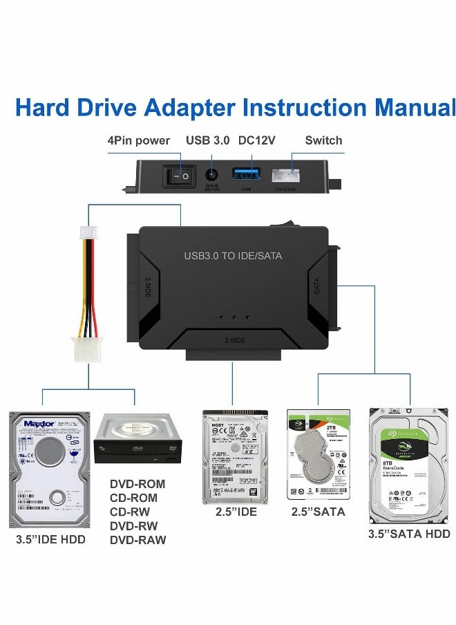 Generic - SATA/IDE to USB 3.0 Adapter, Hard Drive Adapter with 12V 2A Power Supply Support 6TB, Hard Drive Reader for Universal 2.5/3.5-Inch IDE and SATA External HDD/SSD - Image 1