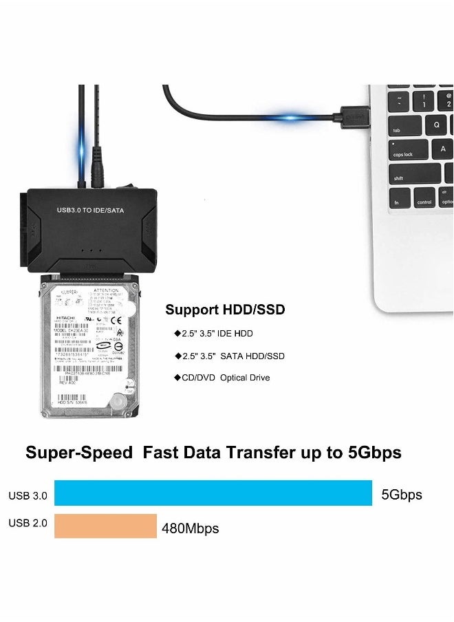 Generic - SATA/IDE to USB 3.0 Adapter, Hard Drive Adapter with 12V 2A Power Supply Support 6TB, Hard Drive Reader for Universal 2.5/3.5-Inch IDE and SATA External HDD/SSD - Image 1