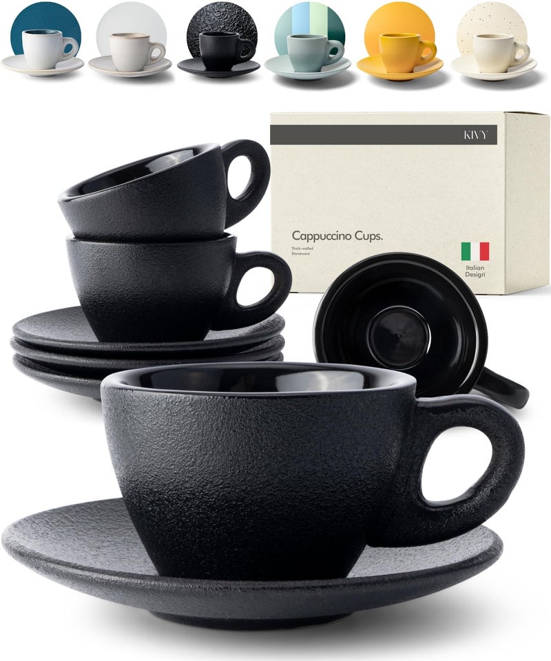 KIVY Cappuccino cups set of 4 8oz Thickwalled stoneware cappuccino cup set for latte art Latte mugs Latte cups Latte mug Coffee cup black Ceramic latte cup and saucer
