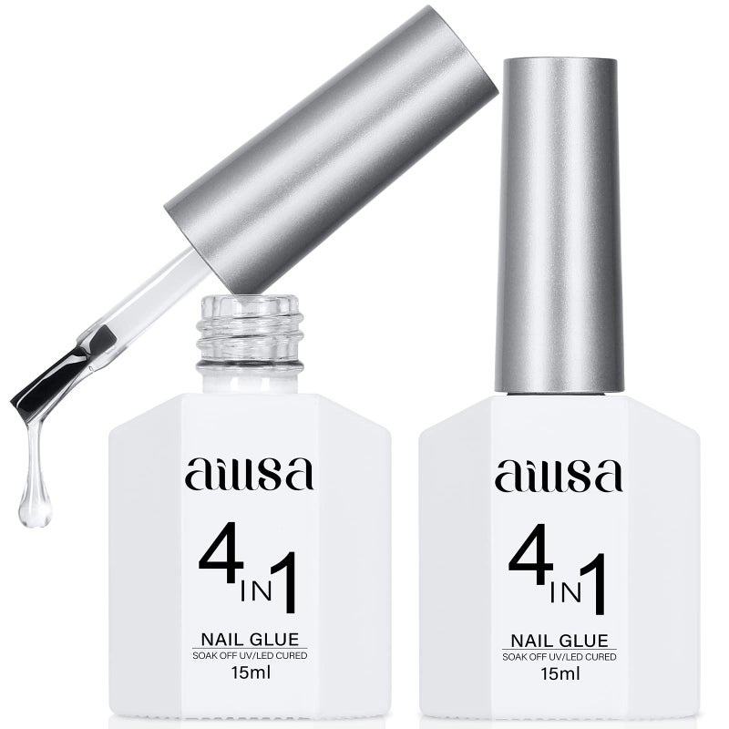 AILLSA 2PCS Gel Nail Glue for Acrylic Nails, 4 in 1 Super Strong Adhesive for False Tips, UV Curing Needed, 15ml High Capacity Extension Brush On for Rhinestone Pearl Foil - Image 1