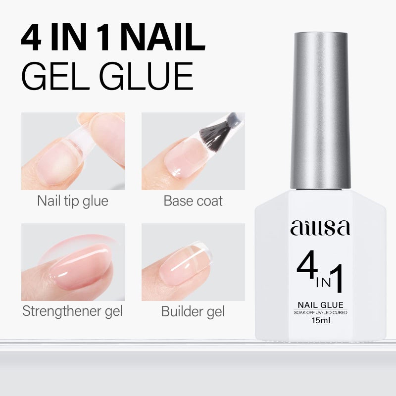 AILLSA 2PCS Gel Nail Glue for Acrylic Nails, 4 in 1 Super Strong Adhesive for False Tips, UV Curing Needed, 15ml High Capacity Extension Brush On for Rhinestone Pearl Foil - Image 2