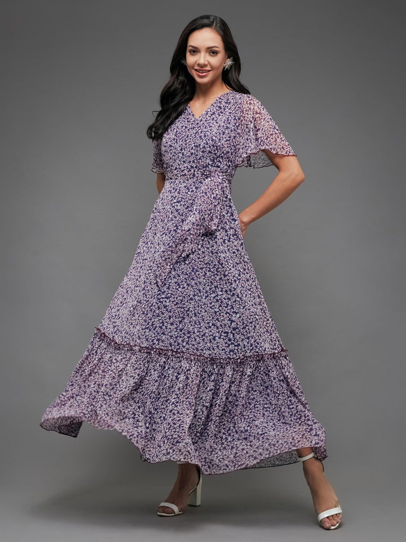 Miss Chase Women's V Neck Flared Sleeve Floral Maxi Dress (MCSS25D93-25-190-06, Multicolored Base Purple, XL) - Image 2