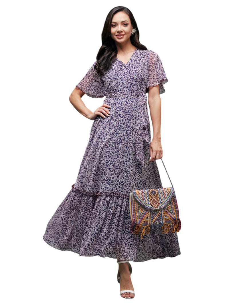 Miss Chase Women's V Neck Flared Sleeve Floral Maxi Dress (MCSS25D93-25-190-06, Multicolored Base Purple, XL) - Image 1
