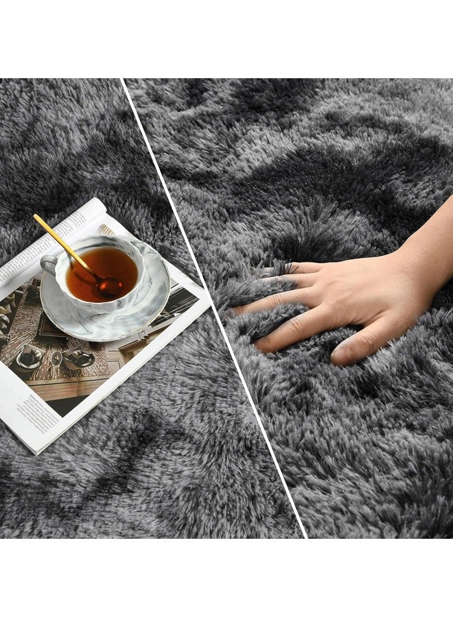 Optico Dark Grey Tie-Dyed Fuzzy Area Rug Non Slip Fluffy Soft Bedroom Living Room Carpet Kids Girls Nursery Room Decor Noise Reducing Floor Mat - Image 4