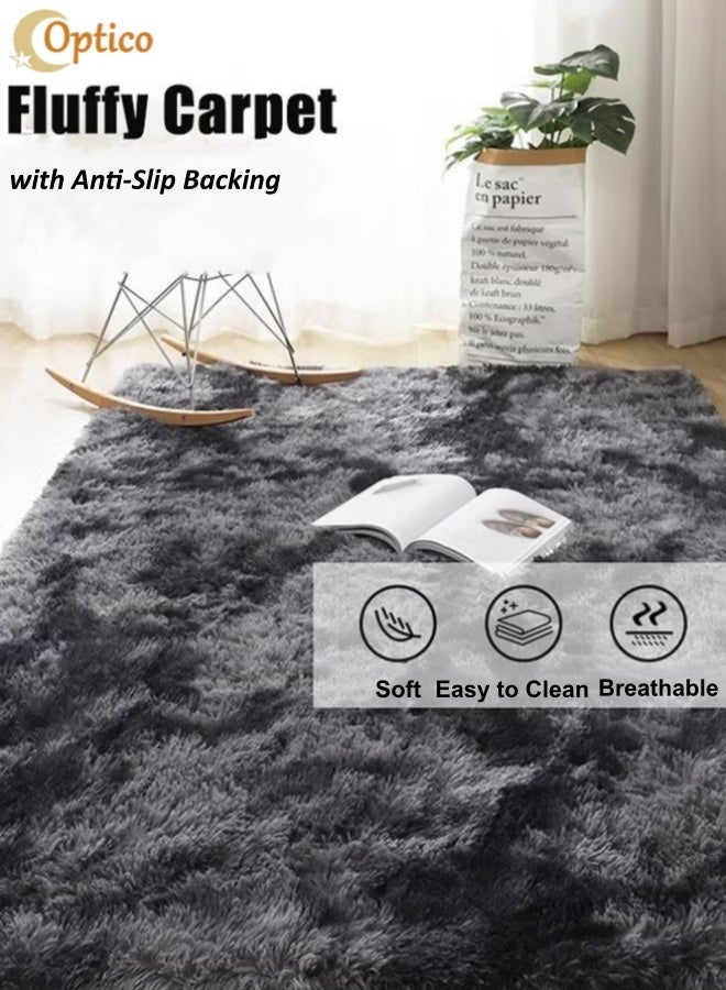 Optico Dark Grey Tie-Dyed Fuzzy Area Rug Non Slip Fluffy Soft Bedroom Living Room Carpet Kids Girls Nursery Room Decor Noise Reducing Floor Mat - Image 1