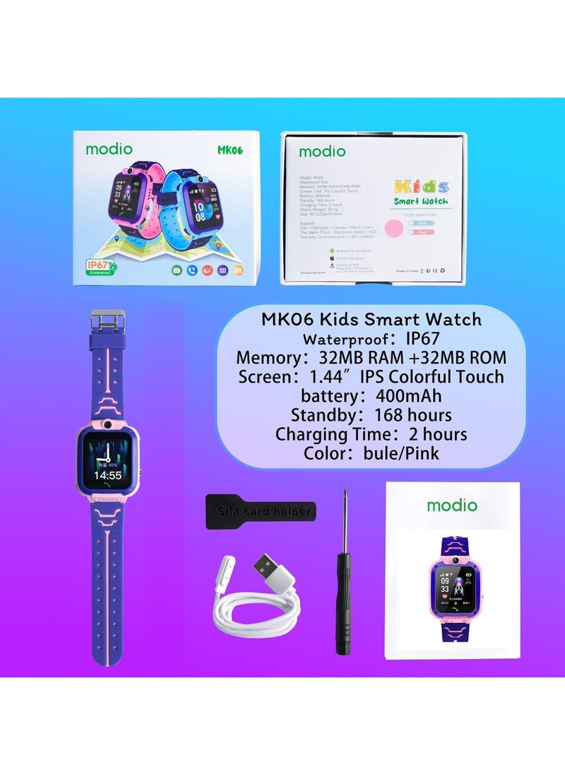modio - Modio MK06 Kids Smartwatch – GPS Tracking, Two-Way Calling, SOS Emergency Button, Camera, Flashlight, and Waterproof Design for Safe and Fun Everyday Use (Pink) - Image 1