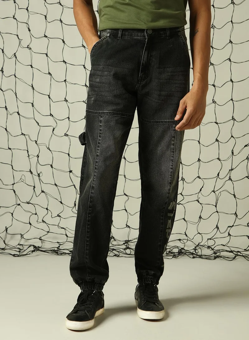 هوبرهولمي Men's Black 100% Cotton Distressed Full Length Straight Fit Jeans