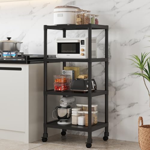 HOME CUBE 4-Tier Storage Shelf with Plastic Shelves with Wheels Kitchen Organizer Rack Microwave Stand Bookshelf Standing Shelf Units Multipurpose Storage Rack for Living Room - 50x35x112 cm - Image 1