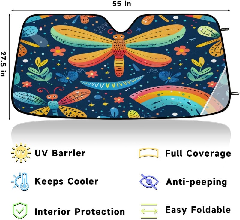 Colorful Dragonfly Foldable Car Windshield Sun Shade, Lightweight Front Window Cover with Suction Cups, UV Block for Interior Protection, Portable, Spring Flower - Image 3