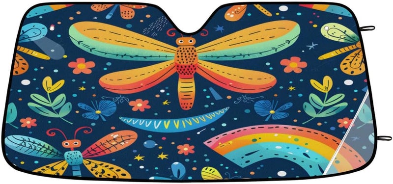 Colorful Dragonfly Foldable Car Windshield Sun Shade, Lightweight Front Window Cover with Suction Cups, UV Block for Interior Protection, Portable, Spring Flower - Image 2