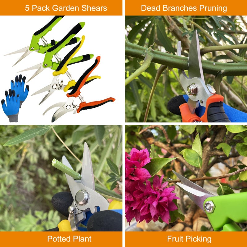 lengnoyp Pruning Shears, 5 Pack Garden Shears with Gardening gloves, Clippers Handheld, Stainless Steel Garden Snips, Lengnoyp Pruners for Gardening - Image 2
