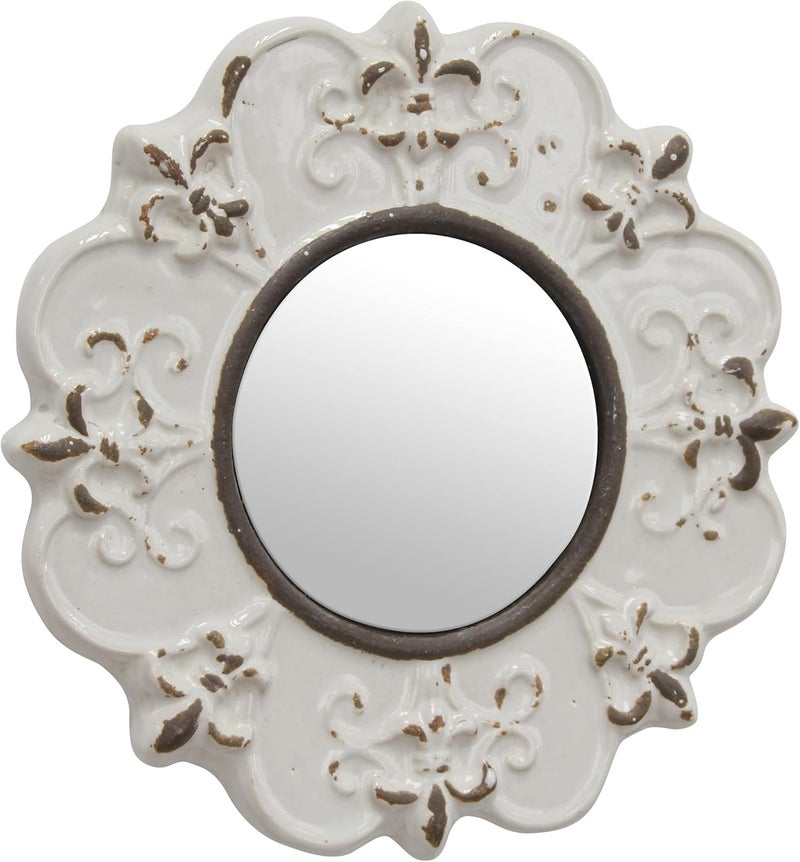 Stonebriar 8" Round Off White Ceramic Accent Wall Mirror with Attached Hanging Loop, Decorative Vintage Decor for the Living Room, Bedroom, Hallway, and Entryway - Image 2