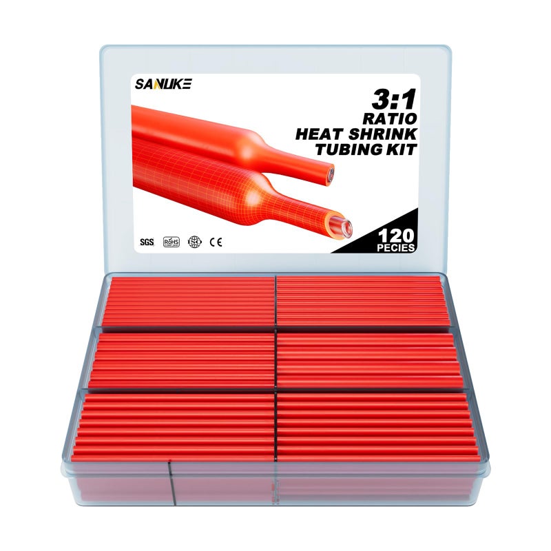 Sanuke 120PCS Heat Shrink Tubing Kit - 3:1 Ratio - Adhesive Lined Dual Wall Tube - Waterproof Marine Grade Shrink Tubing - Electrical Industrial Wire Wrap - Red - Image 1