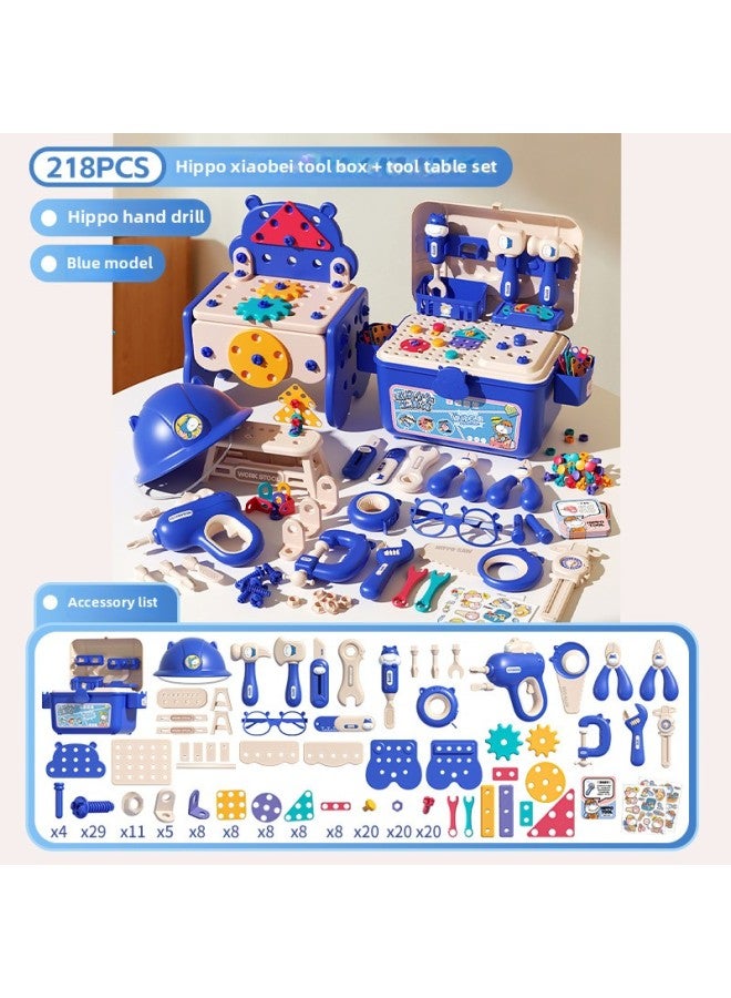 Loquat Children's Screw DIY Assembled Hippo Toolbox Maintenance Disassembly Screwdriver Electric Manual Nut Toy-Color:218-piece Set + Electric Drill Blue Tool Box - Image 1
