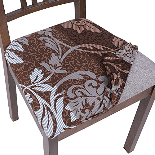 SearchI Seat Covers for Dining Room Chairs Stretch Printed Chair Seat Covers Set of 6, Removable Washable Upholstered Chair Seat Protector Cushion Slipcovers for Kitchen, Office(Brown+Flower) - Image 1