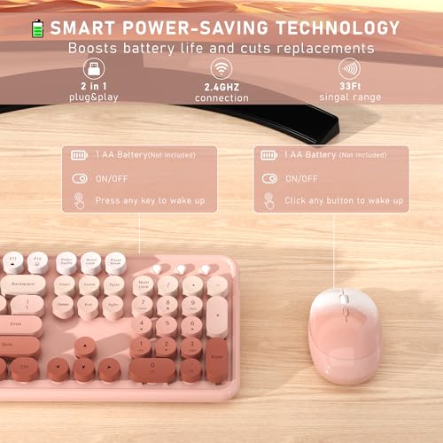 Links9+ Wireless Keyboard and Mouse, Full-Size Retro Typewriter Keyboard with Round Keycaps, 2.4GHz for Windows, Mac, Laptop, PC, Desktop (Peach Gradient) - Image 3