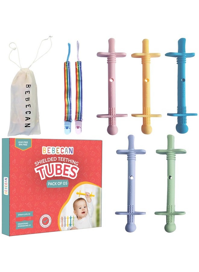 Bebecan Shielded Teething Tubes - Baby Teething Relief 0-36 Months, Anti-Choking Design, Clip-Attachable, BPA-Free Silicone, 5 Soft Tubes + 2 Teether Clips + 2 Brushes + Storage Bag - Image 1