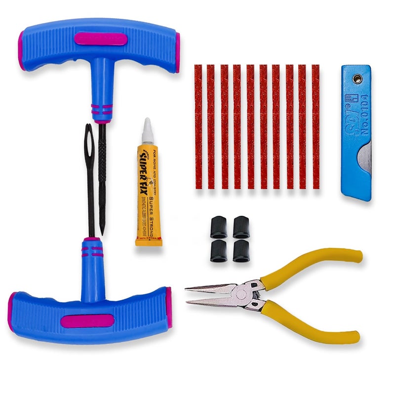 AmiciAuto Universal Tubeless Tyre Puncture Repair Kit with Rubberized Anti-Slip Hand Tools for Better Grip, Cars and Bike, Tubeless Tyre Repair Emergency Kit - Image 1