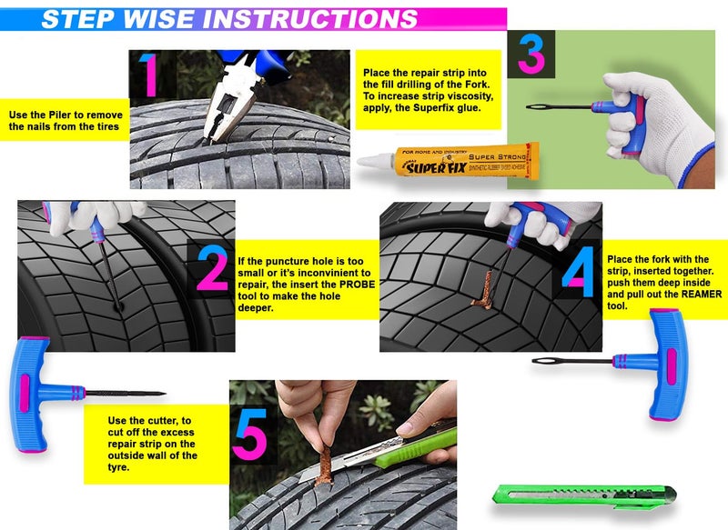 AmiciAuto Universal Tubeless Tyre Puncture Repair Kit with Rubberized Anti-Slip Hand Tools for Better Grip, Cars and Bike, Tubeless Tyre Repair Emergency Kit - Image 4