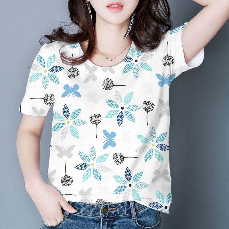 2025 Women'S Floral T-Shirt Short-Sleeved Printed Round-Neck Shirt Thin Style Sale - Image 1