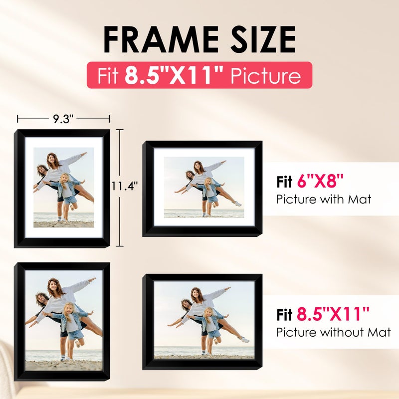 FIXSMITH 8.5x11 Picture Frame  Black Photo Frame with HD Plexiglass  Display Pictures 6x8 with Mat or 8.5x11 Without Mat  Picture Frames Collage for Tabletop or Wall Display  1 Pack - Image 2