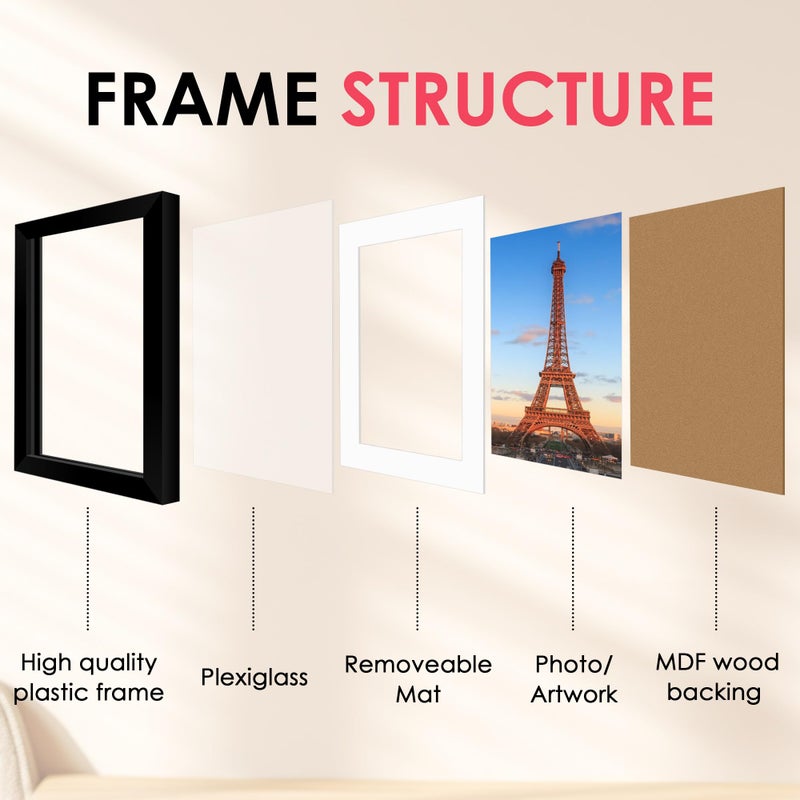 FIXSMITH 8.5x11 Picture Frame  Black Photo Frame with HD Plexiglass  Display Pictures 6x8 with Mat or 8.5x11 Without Mat  Picture Frames Collage for Tabletop or Wall Display  1 Pack - Image 4