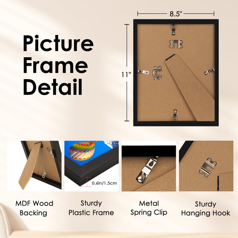 FIXSMITH 8.5x11 Picture Frame  Black Photo Frame with HD Plexiglass  Display Pictures 6x8 with Mat or 8.5x11 Without Mat  Picture Frames Collage for Tabletop or Wall Display  1 Pack - Image 3