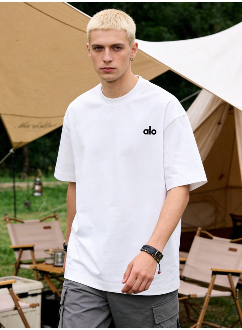 ALo728 300G heavy cotton T-shirt-loose short-sleeved T-shirt for men and women with the same paragraph, summer cotton leisure sports shirt, and the quality is preferred. - Image 3