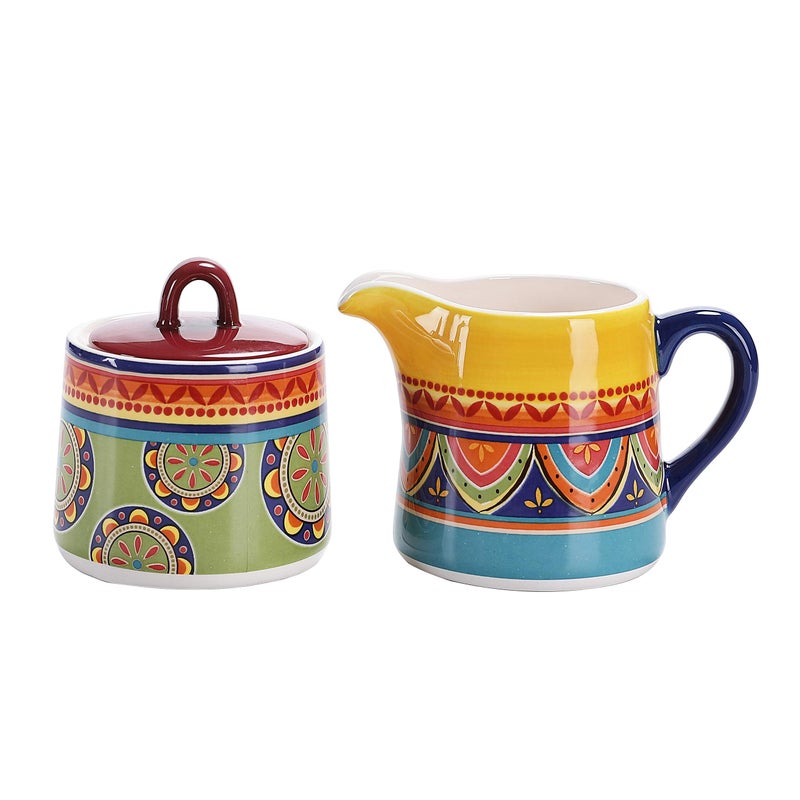 Bico Tunisian Ceramic Sugar and Creamer Set Sugar Bowl with Lid Cute Container for Coffee Bar Kitchen Countertop Accessories Microwave and Dishwasher Safe