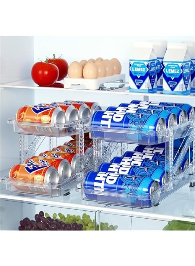 HOOKOR Soda Can Dispenser for Refrigerator, Set of 2 Adjustable Width Soda Can Organizer 2-Layer Beverage Pop Can Holder Drink Organizer for Fridge, Pantry, Cabinet, Countertop, Clear (2 Pack) - Image 1