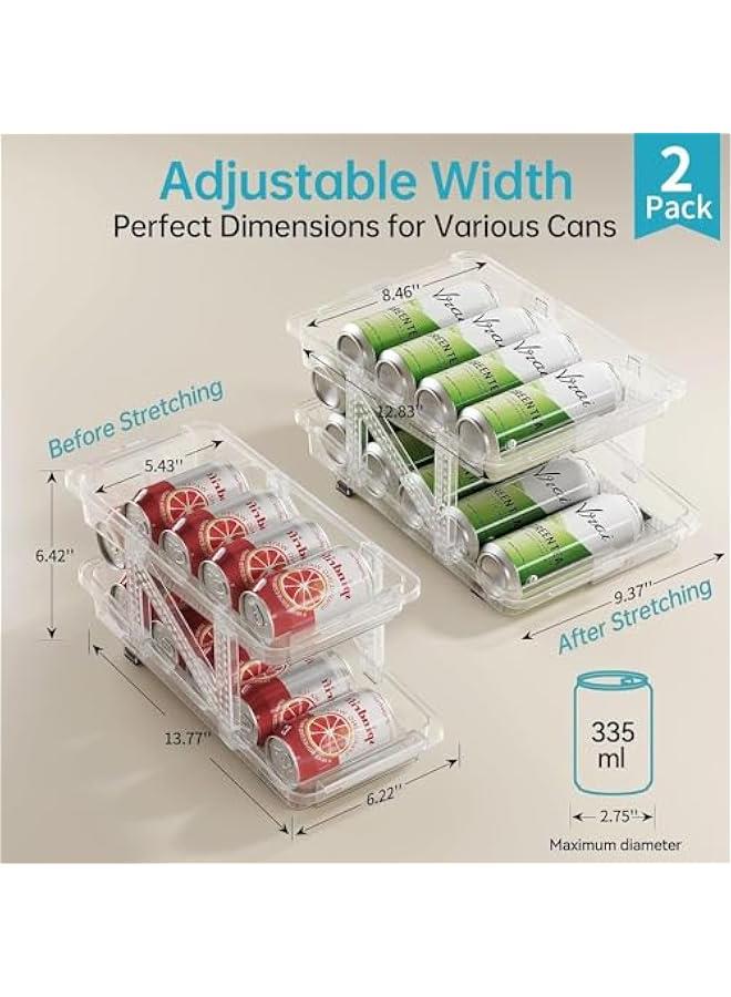 HOOKOR Soda Can Dispenser for Refrigerator, Set of 2 Adjustable Width Soda Can Organizer 2-Layer Beverage Pop Can Holder Drink Organizer for Fridge, Pantry, Cabinet, Countertop, Clear (2 Pack) - Image 2