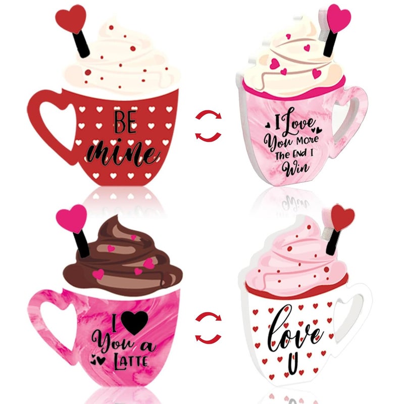 Ahzemepinyo 2 Pieces Valentines Day Wooden Coffee Sign Double Side Coffee Cup Table Sign Drinks Tabletop Decoration for Valentines Day Holidays Wed - Image 1