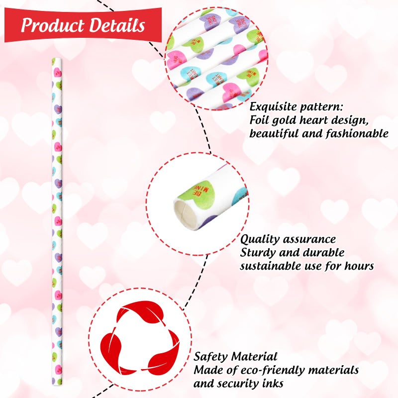 Whaline 200Pcs Valentine's Day Paper Straws Conversation Heart Disposable Drinking Straws Candy Color Heart Decorative Straws for Wedding Birthday Party Supplies - Image 3