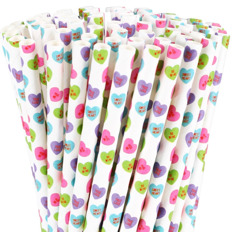 Whaline 200Pcs Valentine's Day Paper Straws Conversation Heart Disposable Drinking Straws Candy Color Heart Decorative Straws for Wedding Birthday Party Supplies - Image 1