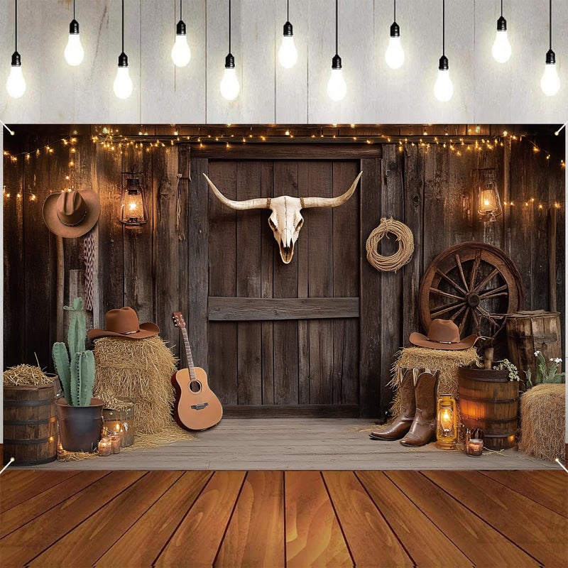 UNIIDECO Western Cowboy Backdrop, Western Party Decorations Photography Background for Cowboy Cowgirl Birthday My First Rodeo Party Wild West Photoshoot (5.9 x 3.6 FT) - Image 1