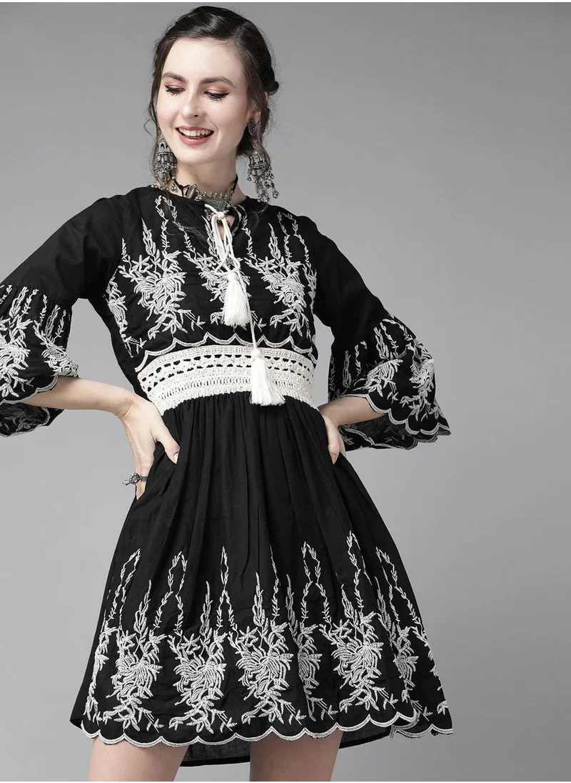 ISHIN Women Black Pure Cotton Embroidered A-Line Dress