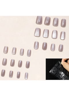 KHAJUL Explosive Crystal Cat Eye Manicure for Short Square Head Wearable Nails, Removable Finished Fake Nails Including a Piece of Jelly Glue, Suitable for Girls (Pink)  - Image 4