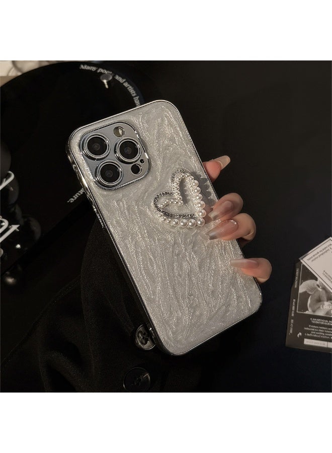 NIBEMINENT Pearl White Three Dimensional Pearl Diamonds Protective TPU Case Cover For iPhone 16 Plus