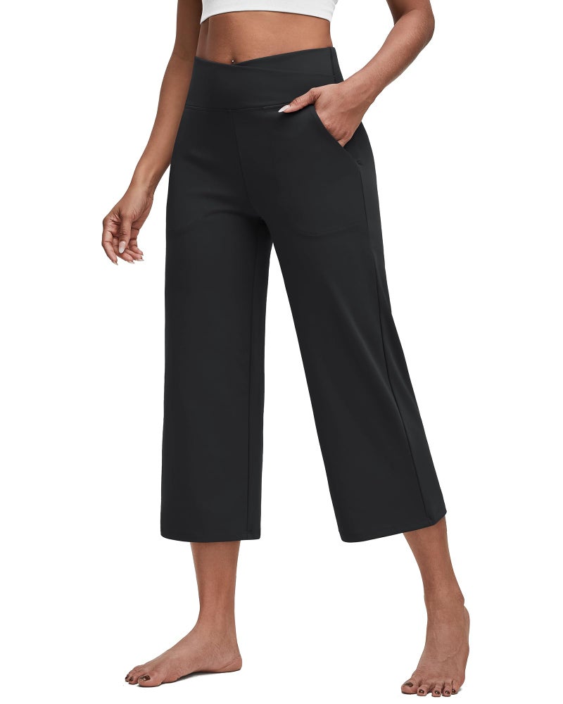 G4Free Capri Pants for Women Wide Leg Yoga Crop Pants with Pockets Cross Waist Stretch Dress Capris for Casual WorkoutBlackS22 - Image 2