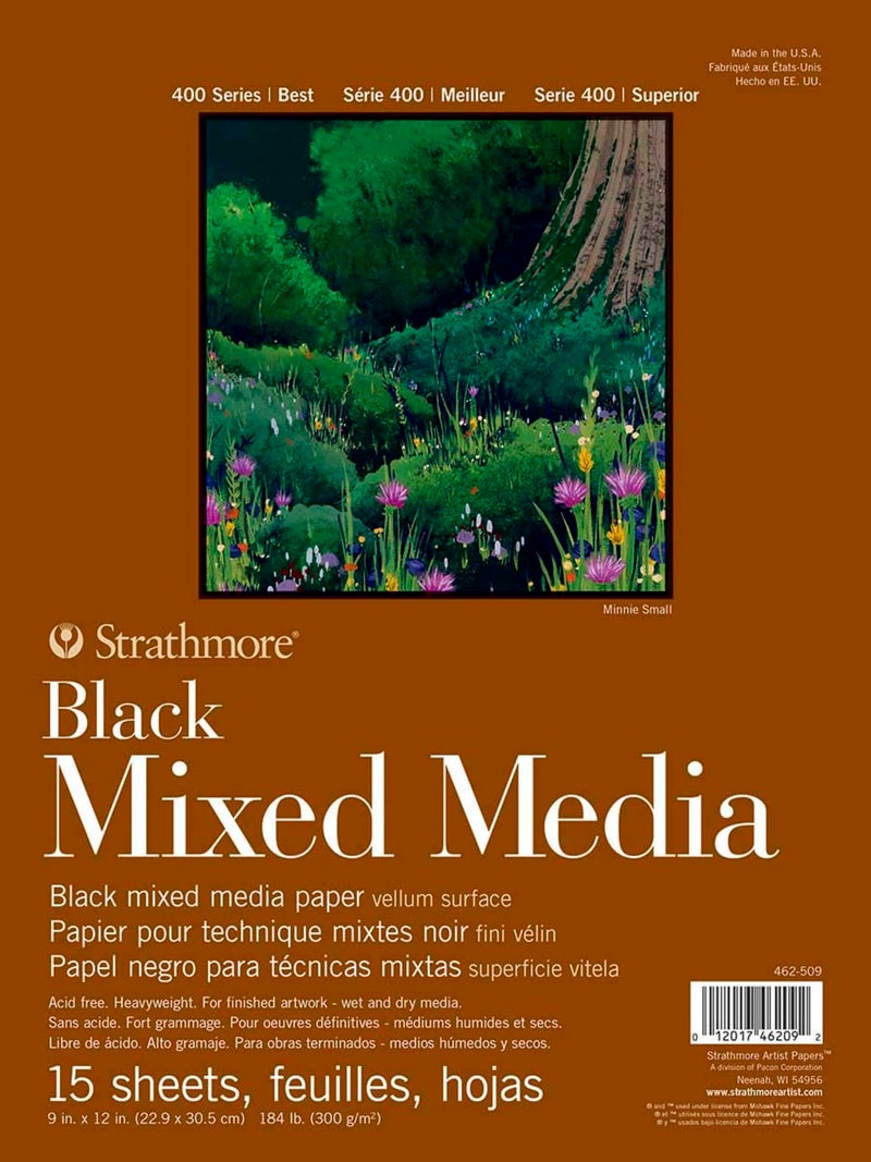 Strathmore 400 Series Mixed Media Paper, Black, Foldover Pad, 9x12 inches, 15 Sheets (184lb/300g) - Artist Paper for Adults and Students - Watercolor, Gouache, Graphite, Ink, Pencil, Marker - Image 1