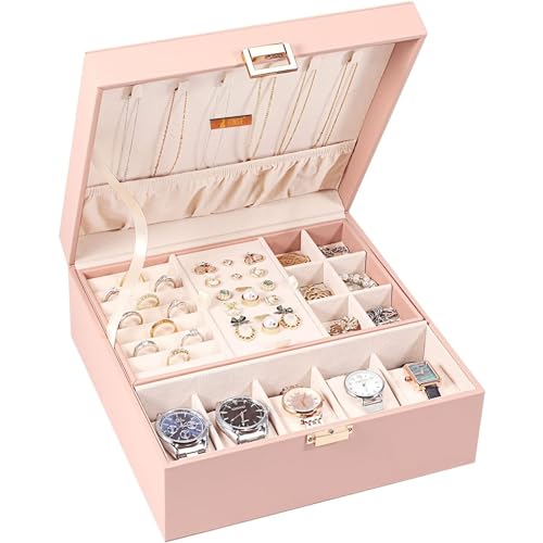 FONSIE Faux Leather Organizer Box, Jewellery box Organisers for women, jewelry Storage For Necklace, Earrings, Rings, Bracelet, Portable Storage Box Case With Dividers (Pink). - Image 3