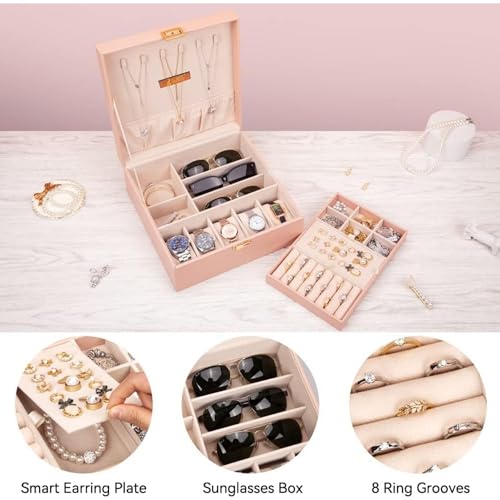 FONSIE Faux Leather Organizer Box, Jewellery box Organisers for women, jewelry Storage For Necklace, Earrings, Rings, Bracelet, Portable Storage Box Case With Dividers (Pink). - Image 4