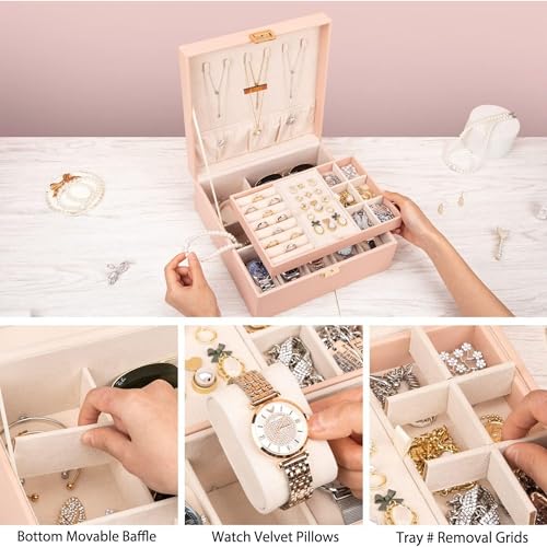 FONSIE Faux Leather Organizer Box, Jewellery box Organisers for women, jewelry Storage For Necklace, Earrings, Rings, Bracelet, Portable Storage Box Case With Dividers (Pink). - Image 2