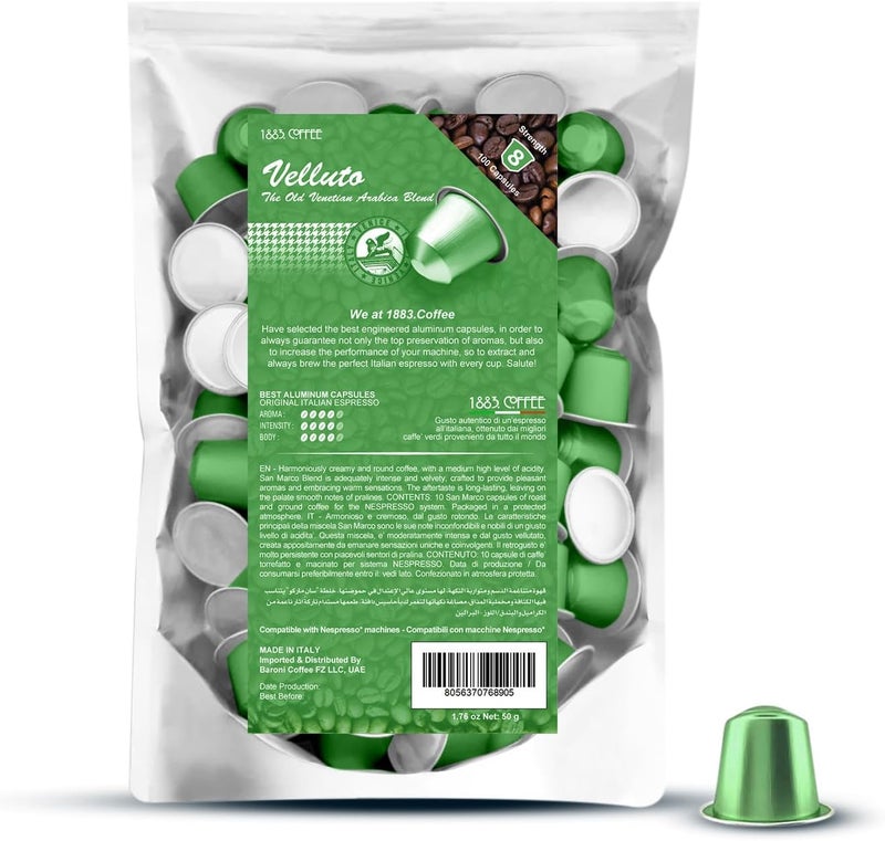 MUST 100 Coffee Capsules in 100% Aluminum Recyclable to infinity Arabica Velluto Blend Intensity 4/5, Box with 100 Loose Capsules Compatible with Nespresso Machine, Made in Italy