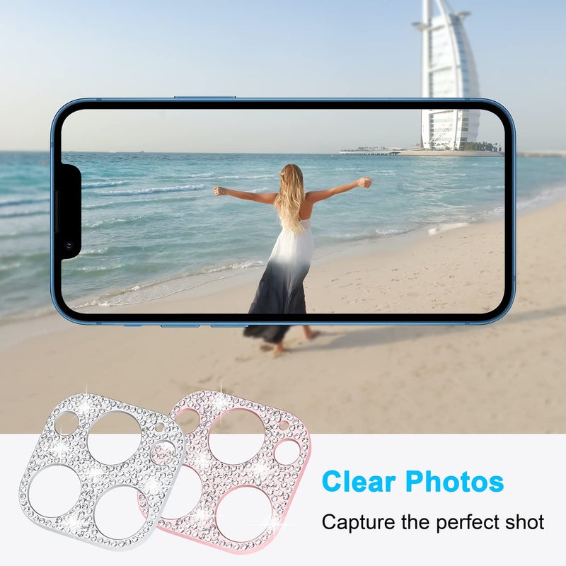 Wisdompro [2 Pack] Wisdompro Bling Camera Lens Protector for iPhone 13 Pro Max 6.7 inch, for iPhone 13 Pro 6.1 inch, Glitter Diamond Crystal Metal Lens Decoration Cover Accessories (Rose Gold and Silver) - Image 4