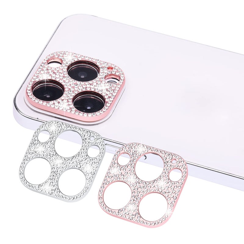Wisdompro [2 Pack] Wisdompro Bling Camera Lens Protector for iPhone 13 Pro Max 6.7 inch, for iPhone 13 Pro 6.1 inch, Glitter Diamond Crystal Metal Lens Decoration Cover Accessories (Rose Gold and Silver) - Image 1