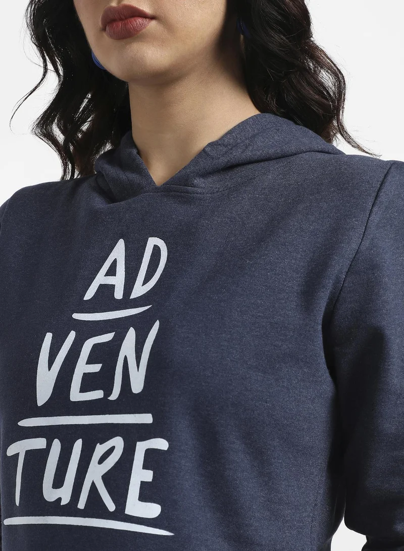 Campus Sutra Women's Navy Blue Adventure Pullover Cropped Hoodie