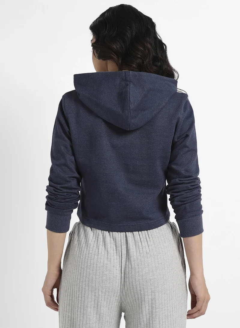 Campus Sutra Women's Navy Blue Adventure Pullover Cropped Hoodie